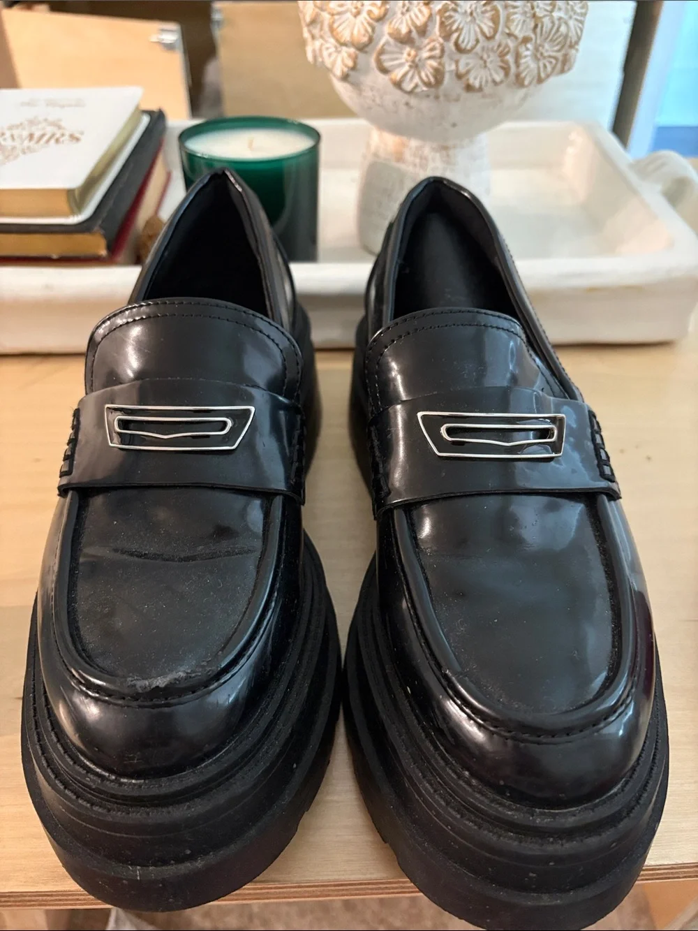 Macy's Black Patent Platform Loafers with Silver Accent